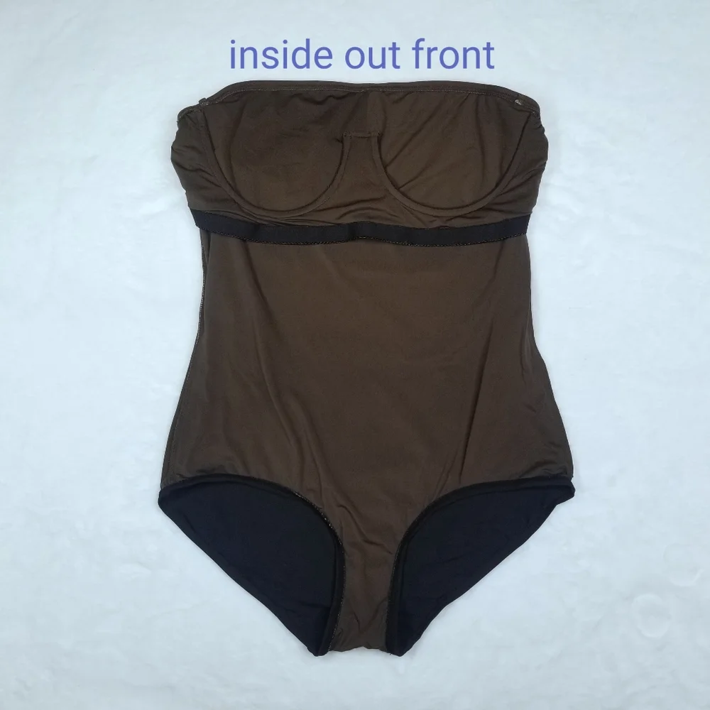 DKNY Brown Black Strapless One-Piece Swimsuit with Teal Accent - Picture 3 of 7